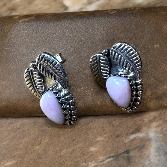 Sterling Silver Leaf & Pink Opal Post Earrings - Picture 3 of 12